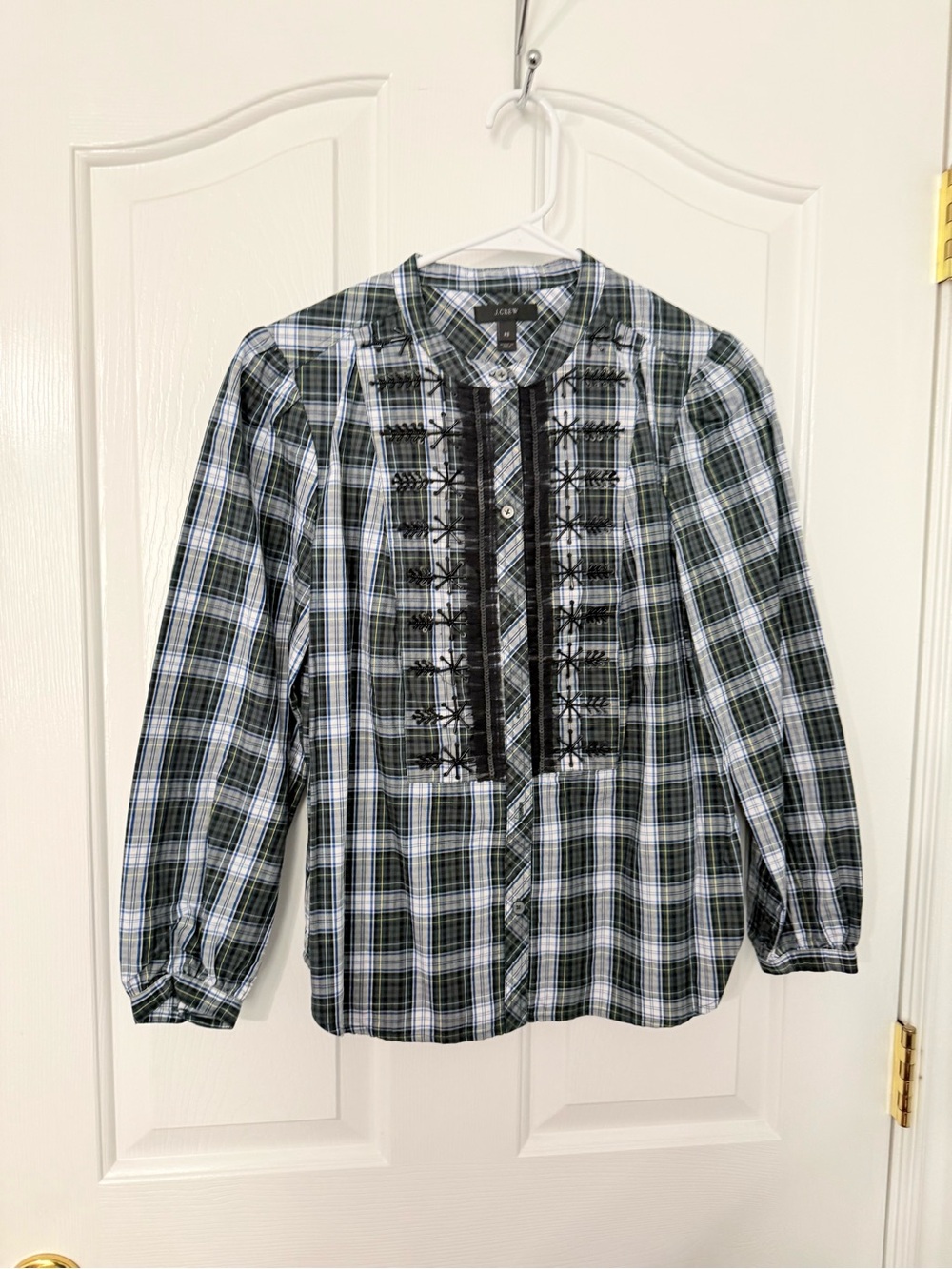 Jcrew plaid tartan half Button-Up Blouse with Black Embroidery